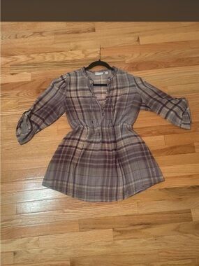 New York & Company Lavender and Gray Plaid Peasant Top